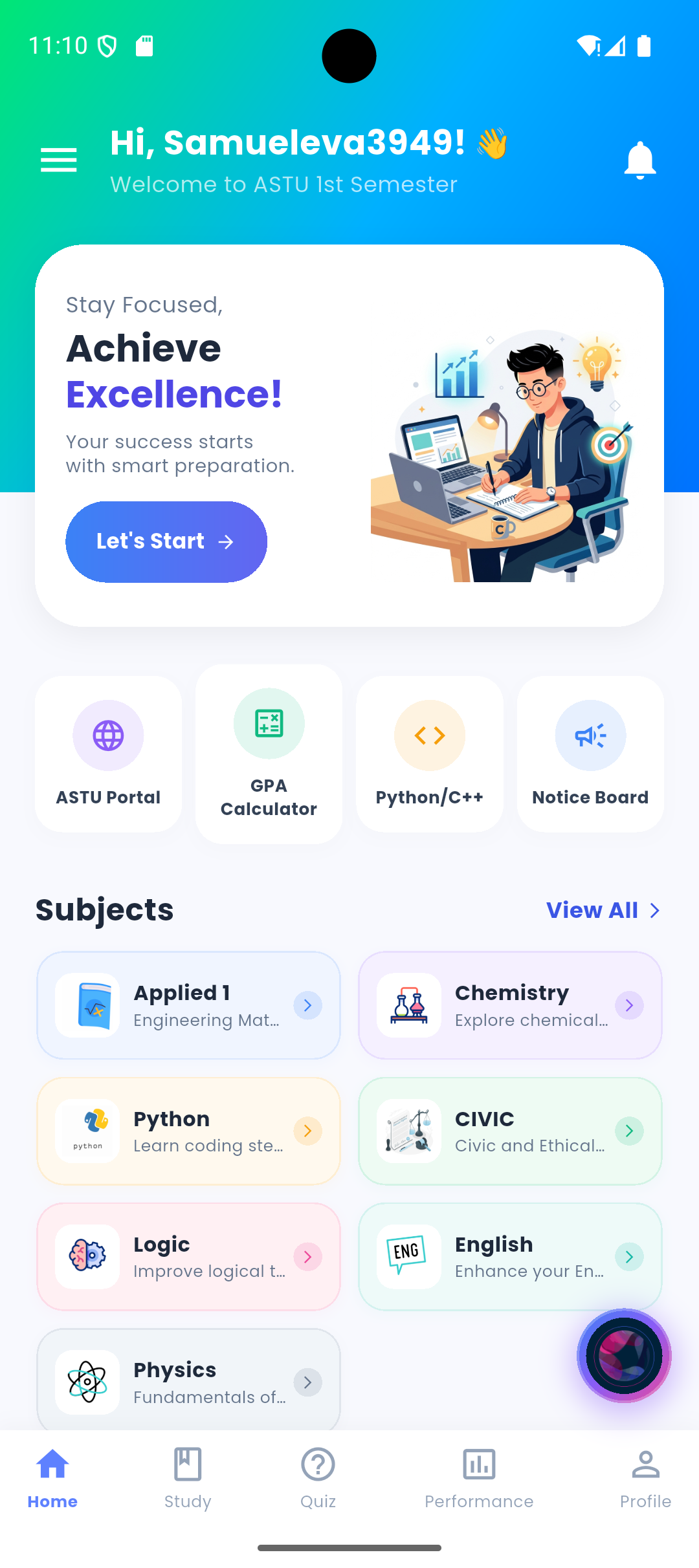 App dashboard showing past exams and GPA tracker