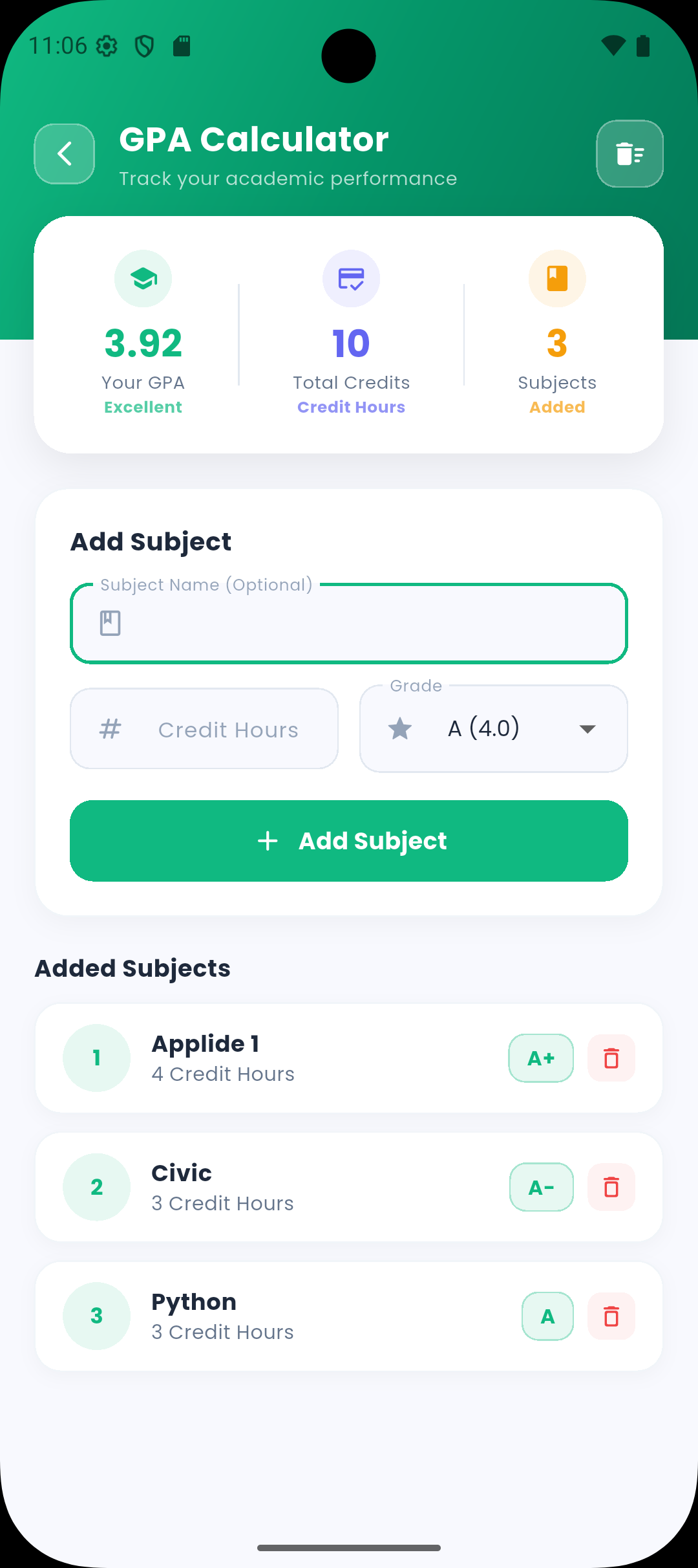 GPA calculator interface
