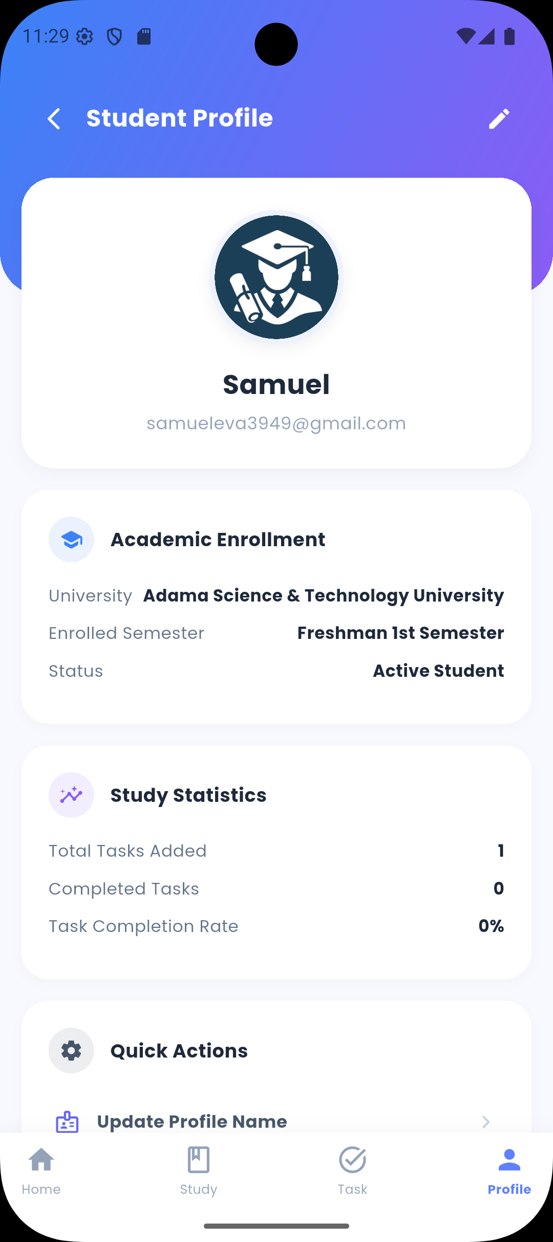Student profile and settings